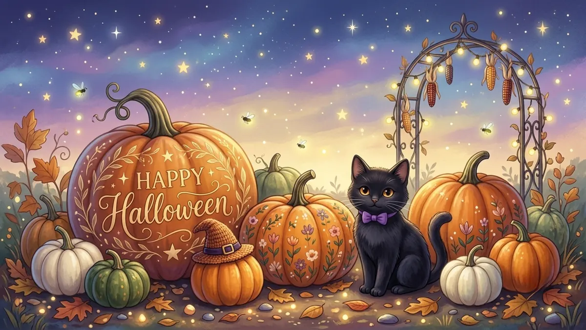 Happy Halloween Frame TV sign — illustrated pumpkin patch with a black cat in a bow tie under a starry twilight sky
